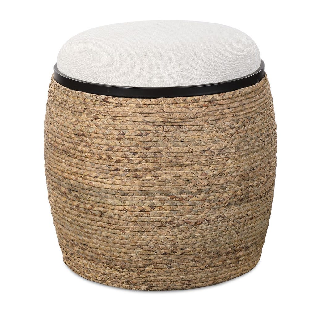 Tabouret rembourré en paille tressée ronde et fer noir mat