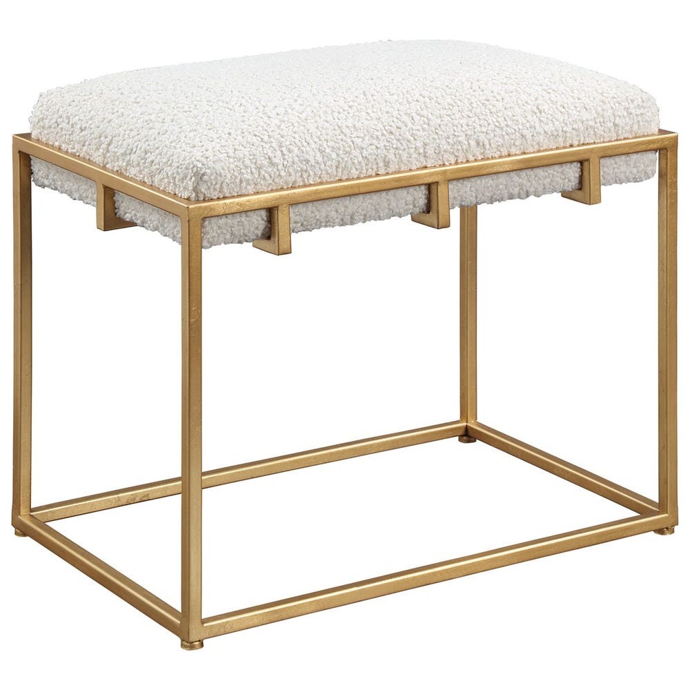 Banc en peau de mouton blanche avec petit cadre en fer doré