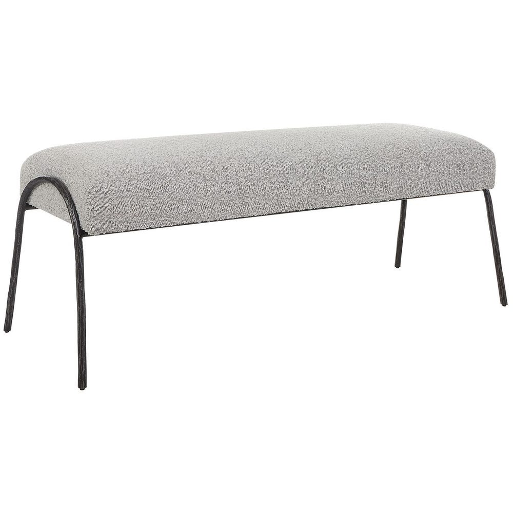 Banc d'accent moderne en bouclé gris avec cadre en fer ciselé courbé