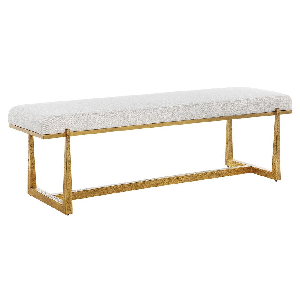 Banc long rembourré en polyester bois flotté avec pieds en fer doré antique