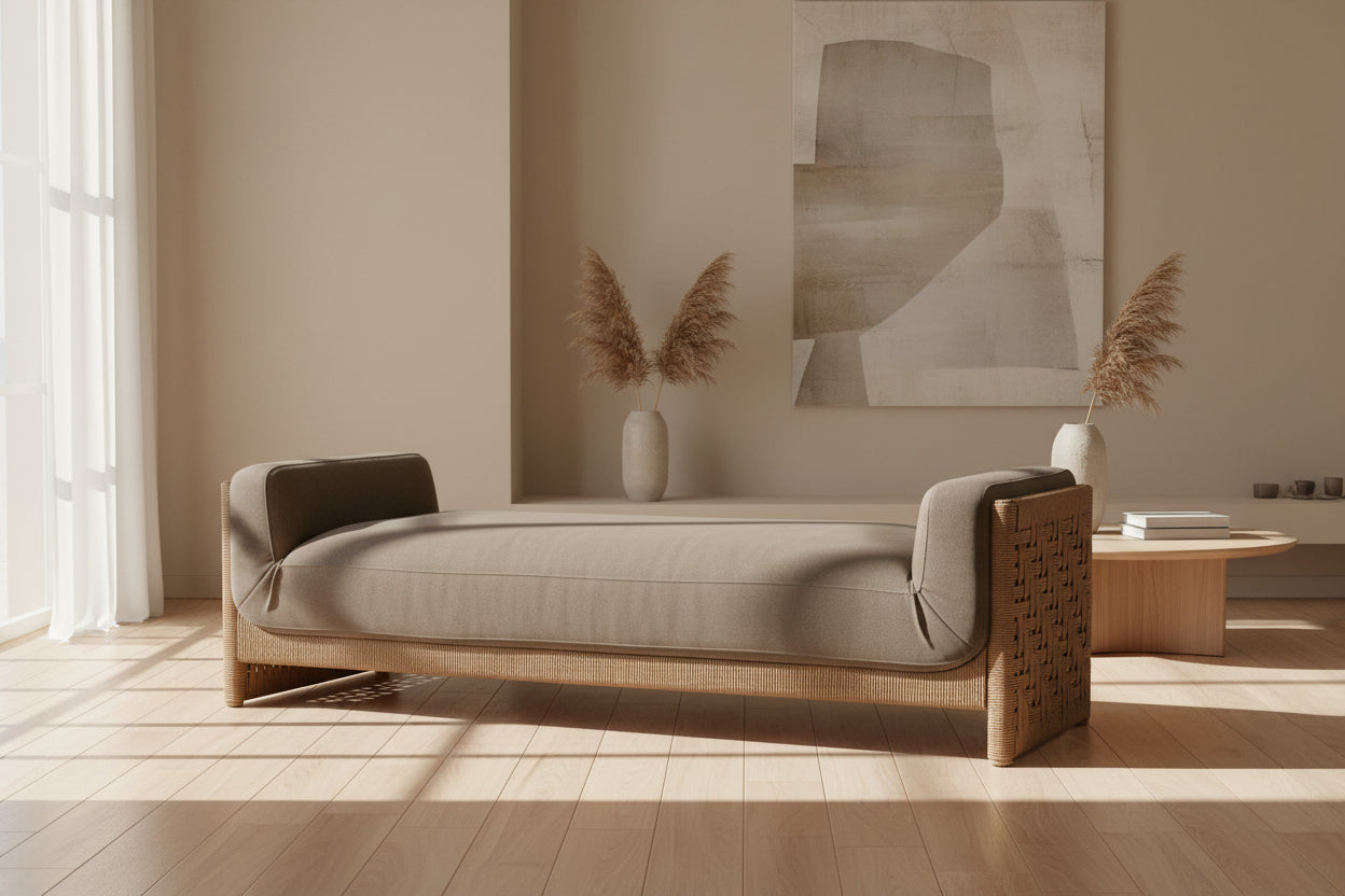 Chaise basse Broadway en corde de papier tressée et eucalyptus