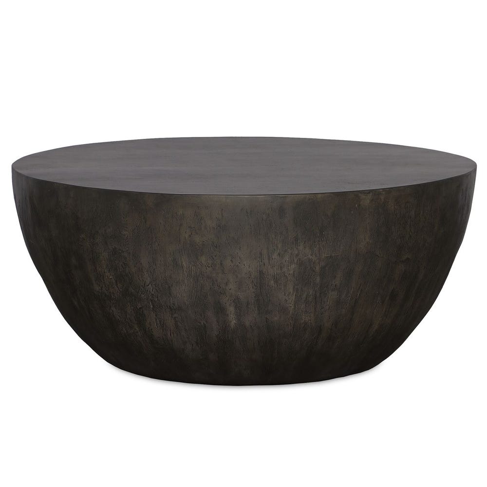 Table basse minimaliste ronde en placage de bois de manguier et noyer vieilli