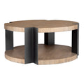 Table basse industrielle en métal noir mat avec plateau et étagère circulaires en bois
