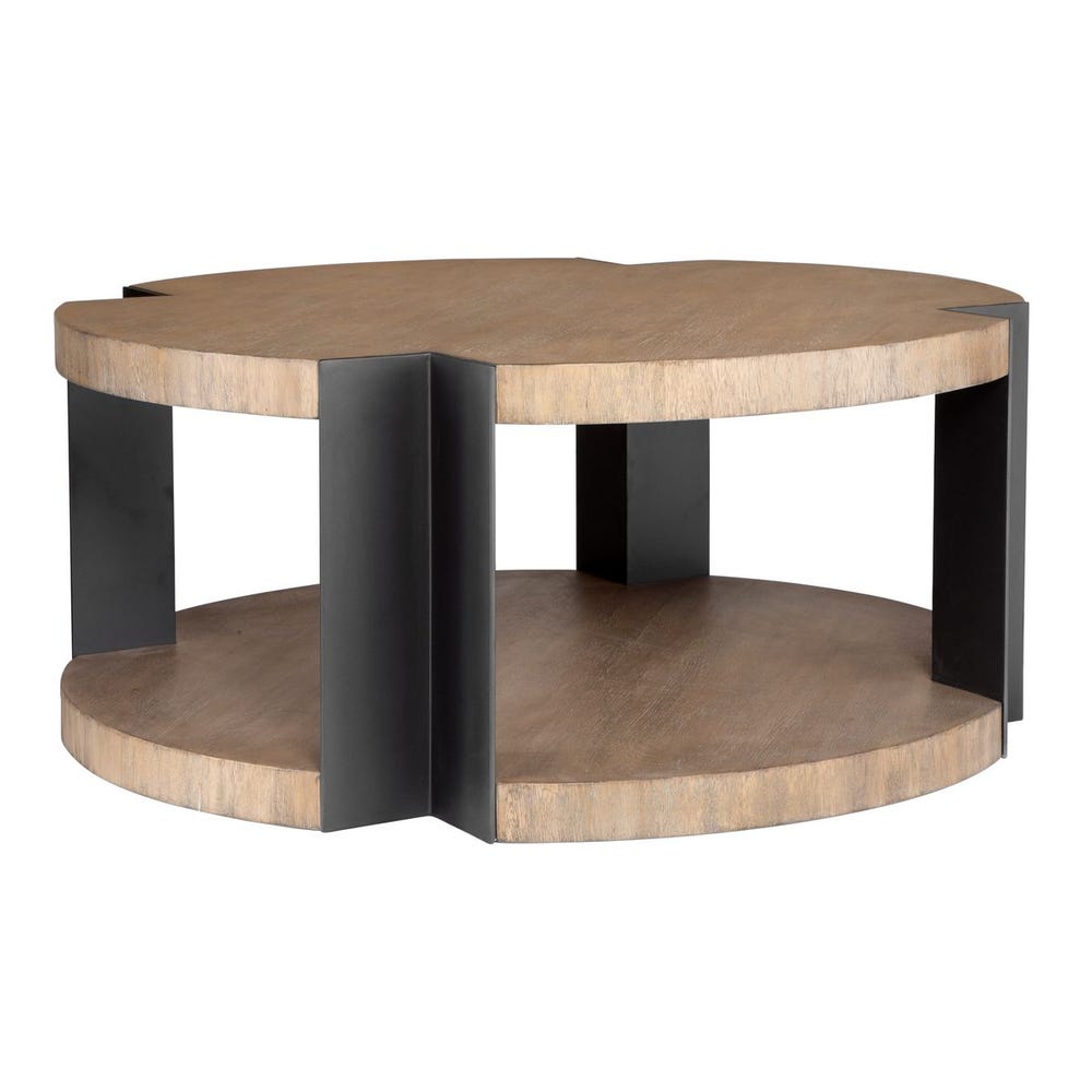 Table basse industrielle en métal noir mat avec plateau et étagère circulaires en bois