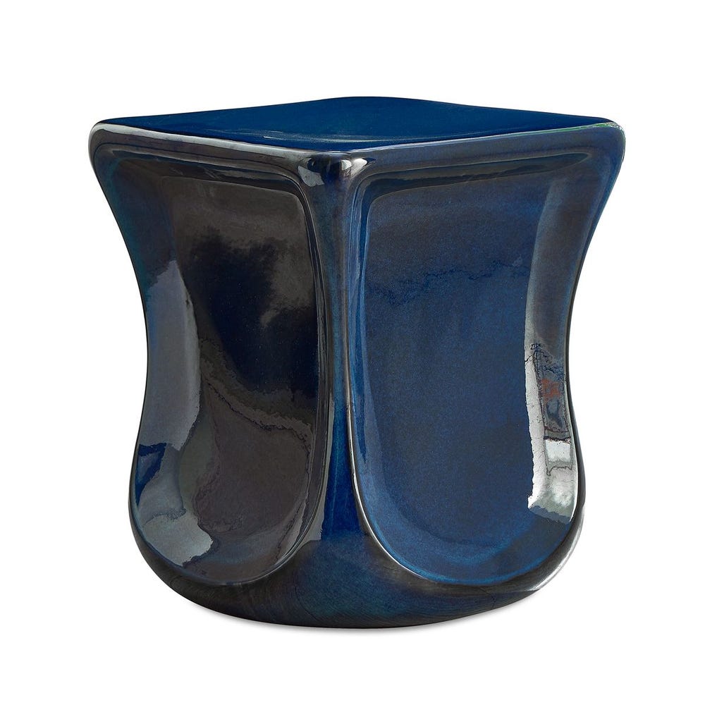 Tabouret de jardin sculptural en faïence émaillée bleu profond