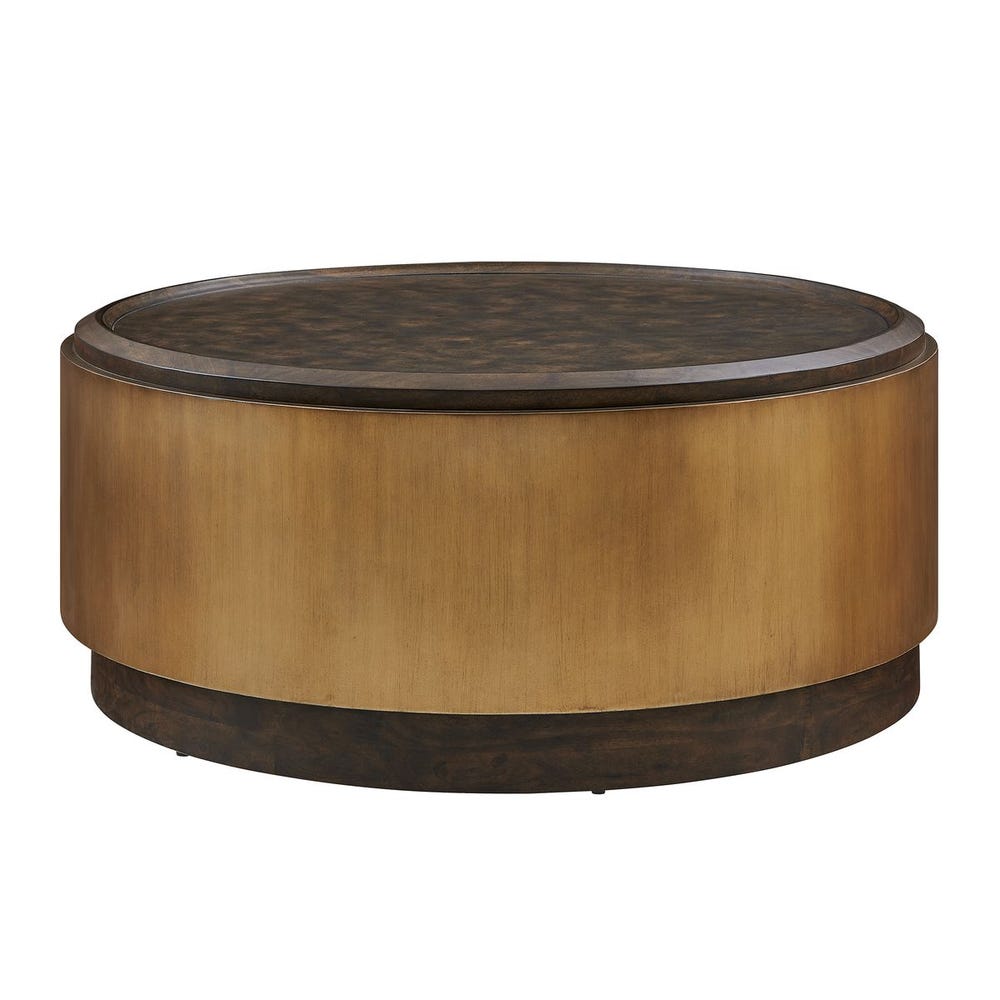 Table basse ronde en placage de loupe de peuplier miel, finition satinée