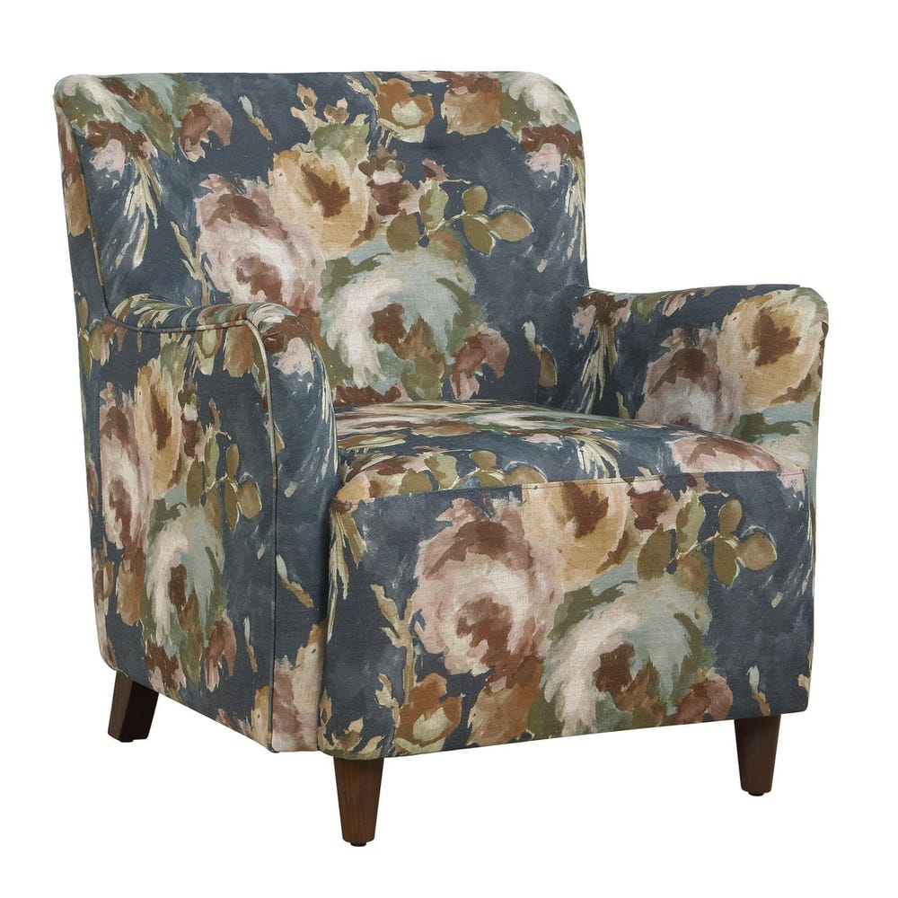 Fauteuil rembourré à motif floral aquarelle ikat chenille, pieds en noyer clair