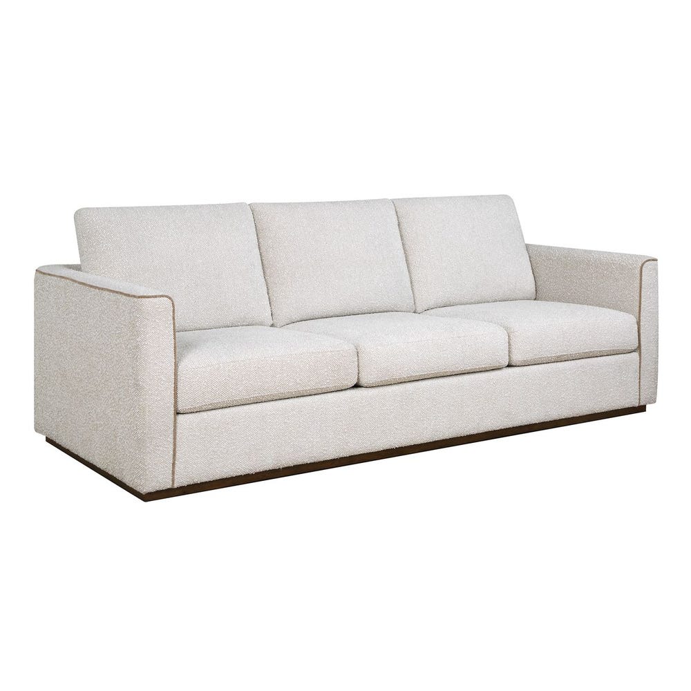 Canapé en bouclé crème épais à boucles avec liseré beige et socle en noyer foncé