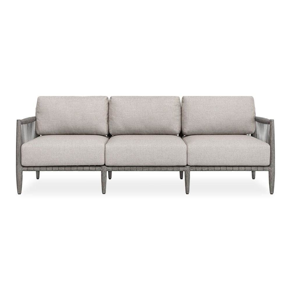 Canapé d'extérieur en acajou gris foncé avec coussins en corde couleur colombe