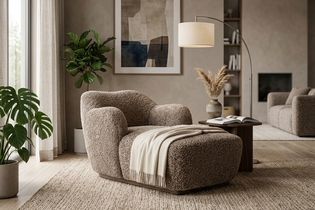 Chaise longue en fausse toison latte chaud avec cadre enveloppé et suspension S-Spring