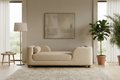 Chaise longue en chêne massif, forme pilule, coussin en peau de mouton beige, pieds ronds.