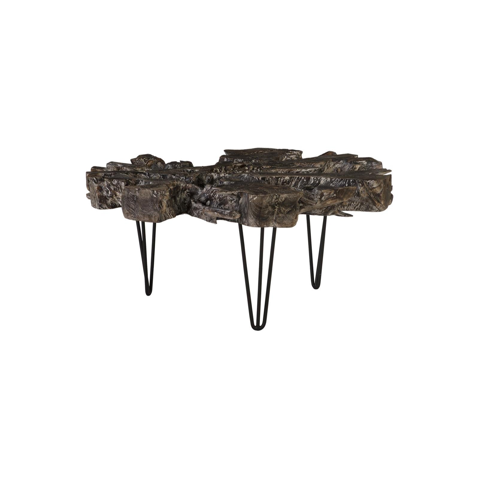 Table basse en teck noirci avec pieds en fer issu de sources éthiques